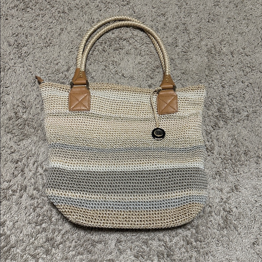THE SAK Cambria Sand Stripe Natural Beige Crochet Woven Tote Handbag Purse